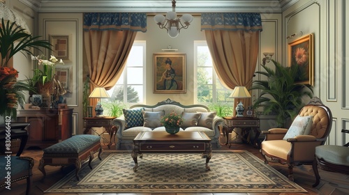Interior of a luxurious old-fashioned living room with beautiful tiles on the floor 