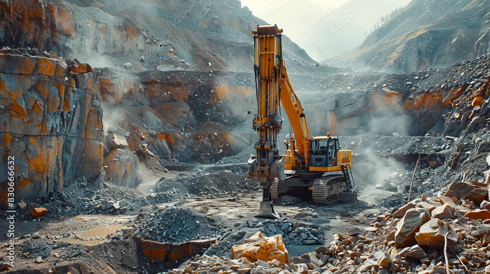 Stone drilling in a quarry, heavy-duty drill rig in action, rugged terrain and flying debris Stone drilling in a quarry, heavy-duty drill rig in action, rugged terrain and flying debris