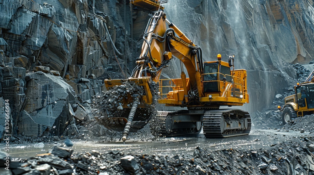 Stone drilling in a quarry, heavy-duty drill rig in action, rugged terrain and flying debris Stone drilling in a quarry, heavy-duty drill rig in action, rugged terrain and flying debris