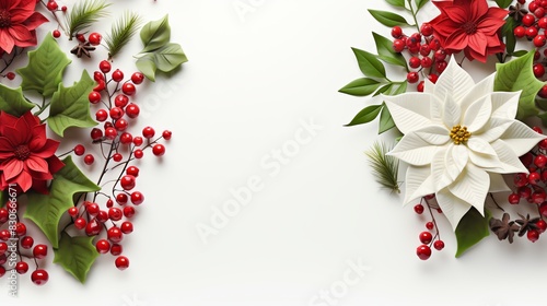 Festive Christmas floral arrangement with red and white poinsettias and berries on a white background. Perfect for holiday greeting cards and decorations.