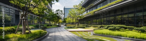 Corporate Oasis: Modern Office Park with Lush Landscaping and Multiple Buildings