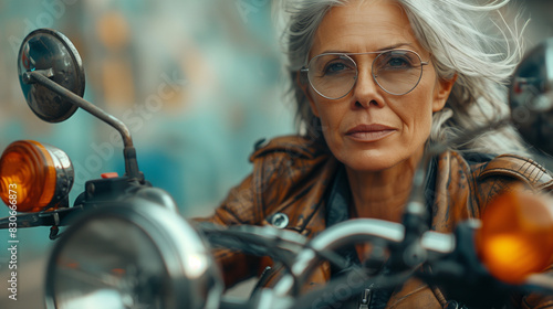 Grandma on a Motorcycle - Crazy grandma in a leather jacket, riding a powerful motorcycle, with the wind blowing through her gray hair, with a dynamic background © Tomasz