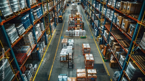 Top view of a warehouse with hazardous chemical storage zones, clear markings on the floor, and safety equipment readily accessible