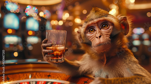 Monkey in Casino - A monkey in an elegant outfit, standing at a roulette table in a luxurious casino, smiling and holding a drink