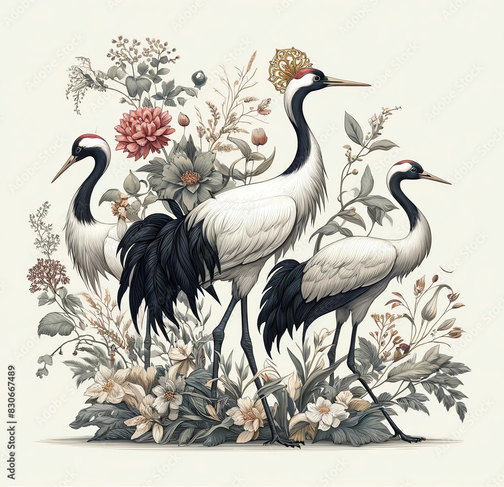 Fototapeta premium Illustration of three cranes standing among a variety of intricate plants and flowers