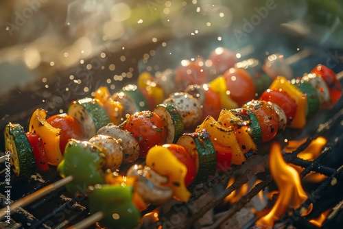 Colorful vegetable skewers grilling on a barbecue, with peppers, mushrooms, and zucchini sizzling over flames photo