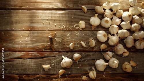 Top view of garlic bulbs scattered randomly on a rustic wooden surface  isolated background  studio lighting