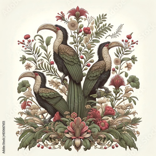 Illustration of three Hoatzins standing among a variety of intricate plants and flowers photo