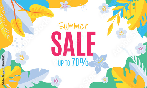 Bright Summer Sale Banner with Tropical Floral Design.