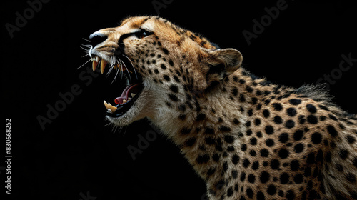 The cheetah is roaring powerfully, perfectly isolated against a black background
