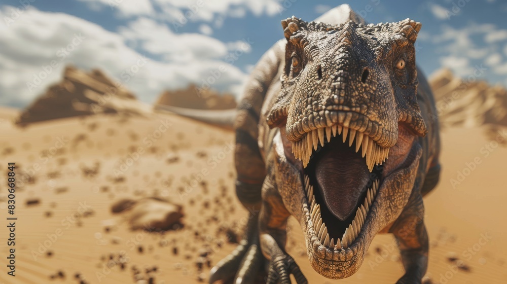 Obraz premium Ferocious Tyrannosaurus Rex roaring in a prehistoric landscape.