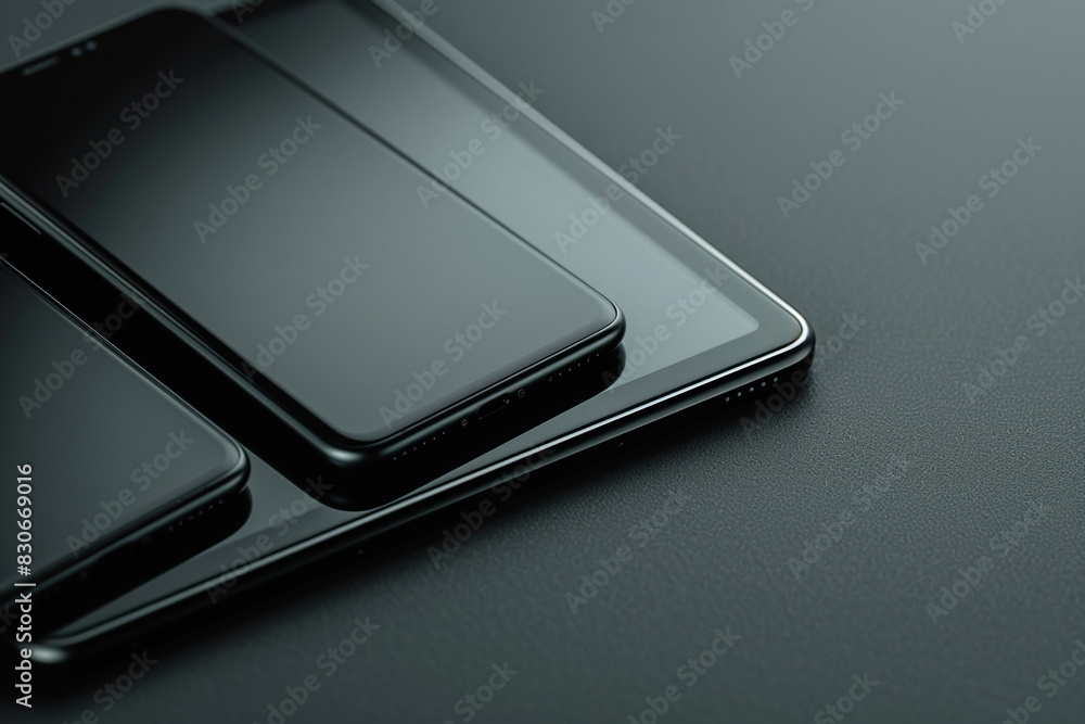 A black smartphone and tablet lie on a black surface. Modern stylish background with a device. Generated by artificial intelligence A black smartphone and tablet lie on a black surface. Modern stylish background with a device. Generated by artificial intelligence