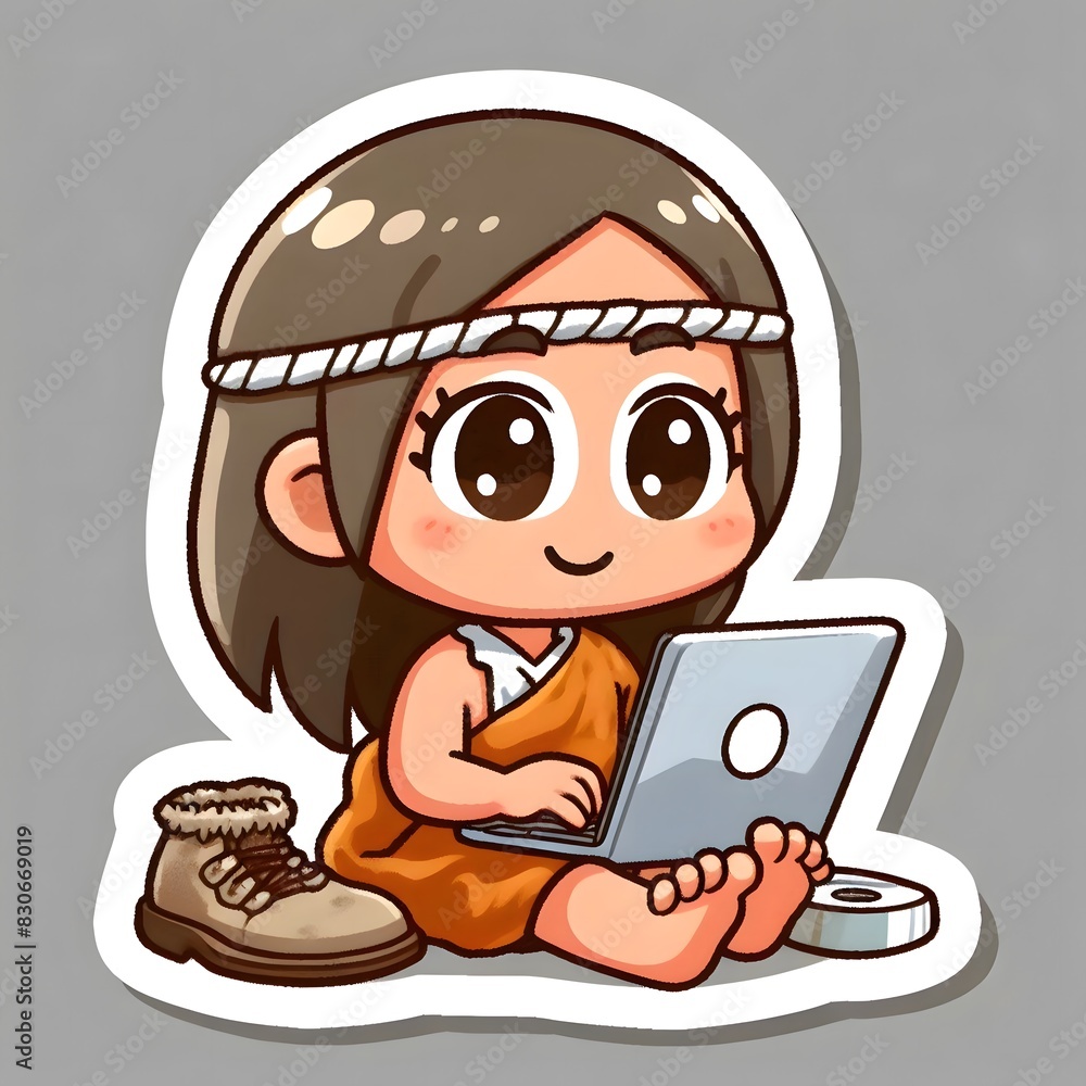 Neanderthal man holding laptop not working, good atmosphere Neanderthal man holding laptop not working, good atmosphere
