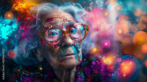 Grandma in a Psychedelic Environment with Bright Colors and Surreal Elements