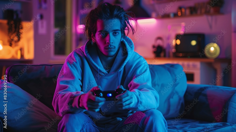 Fototapeta premium Unenthusiastic individual competes in virtual gaming tournament, frantically pressing buttons on controller in brightly lit apartment.