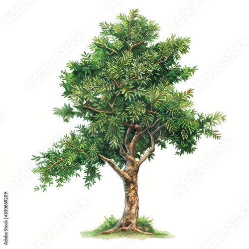 A detailed drawing of a Yew tree with lush green leaves on a white background