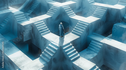 Obraz na płótnie Grandma in Labirynt - navigating impossible stairs and structures, in a maze with abstract elements
