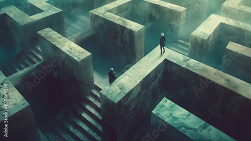 Obraz na płótnie Grandma in Labirynt - navigating impossible stairs and structures, in a maze with abstract elements