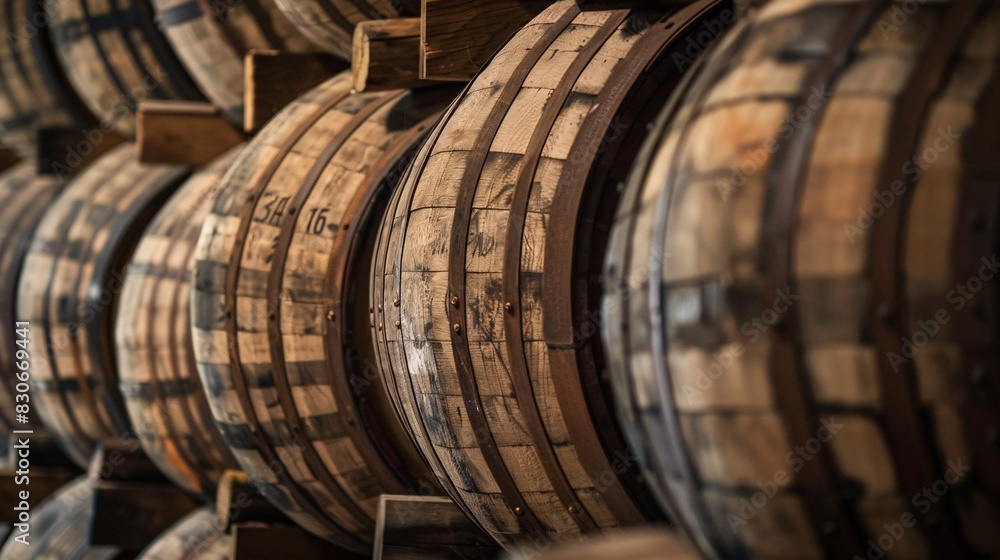 Aged casks of bourbon maturing in a storage facility.