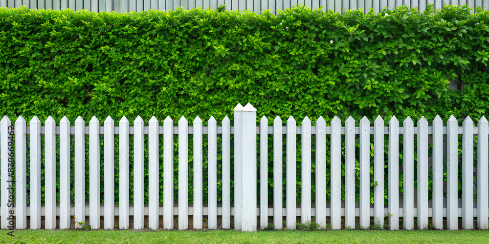 White wooden fence with green bush isolated on white background, Green leaves wall with white parallel plan, clipping path