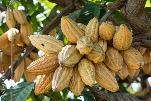 Ripe Cocoa Pods on Tree Branches in Natural Setting