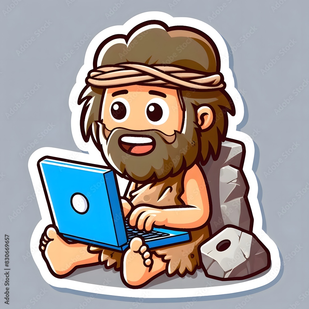 Obraz premium Neanderthal man holding laptop not working, good atmosphere