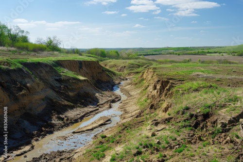 Erosion in Ukraine: Early Spring View of Dirtied Landscape in Ravine and Gully