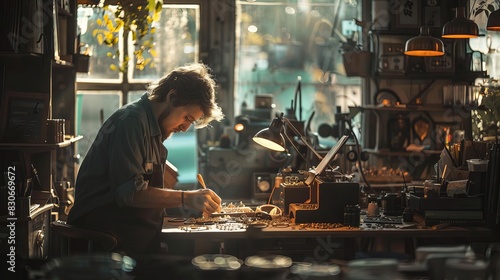 An artist crafting jewelry, selective focus, intricate detail theme, surreal, silhouette, cozy workspace backdrop