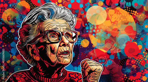 Grandma in Pop Art Style - Grandma in pop art style, with bright colors and comic book speech bubbles, surrounded by abstract forms and patterns