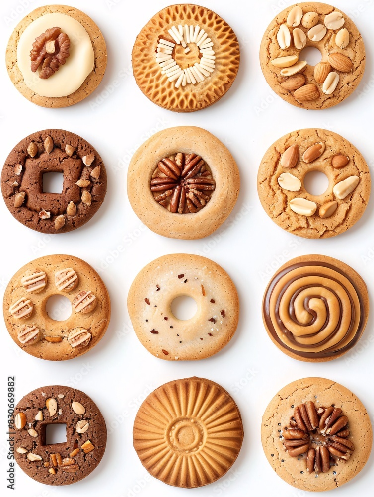 Assortment of circular cookies, traditional and nutty selection, isolated on white background. Various unique patterns. Mockup for graphic design. Assortment of circular cookies, traditional and nutty selection, isolated on white background. Various unique patterns. Mockup for graphic design.