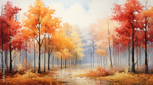 A painting of an autumn forest in orange and yellow hues. The painting is hanging on a white concrete wall in a dining room. There is a wooden table with 8 chairs in front of it. On t 