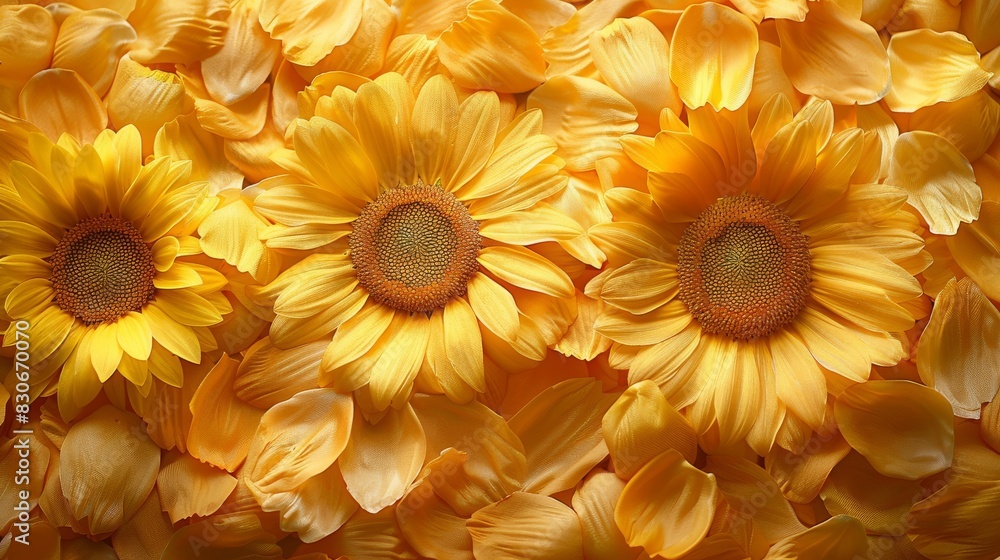 A vibrant spread of sunflower petals in bright yellow, accented with golden silk and sunflower seeds, A vibrant spread of sunflower petals in bright yellow, accented with golden silk and sunflower seeds,