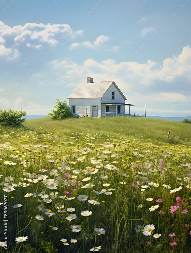 Beautiful rural landscape illustration with green summer field and blue sky