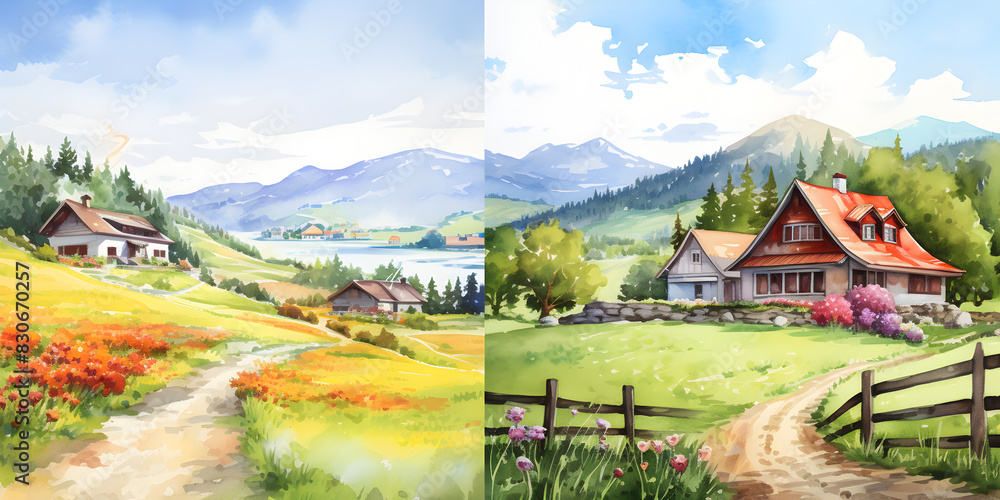 Beautiful rural landscape illustration with green summer field and blue sky Beautiful rural landscape illustration with green summer field and blue sky