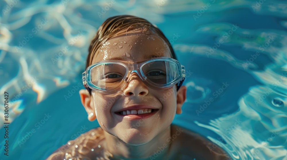 Naklejka premium The child is having fun, swimming, diving in the pool with safety glasses. Entertainment during the summer holidays.