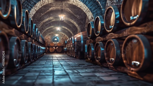 Impressive wine cellar with rows of traditional oak barrels. Atmospheric wine storage facility with vintage wine barrels.