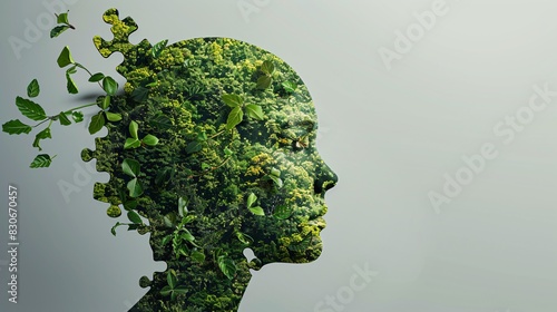 Eco-Anxiety: A person's head with puzzle pieces symbolizing fear and distress over environmental disasters and the future. High-quality image.