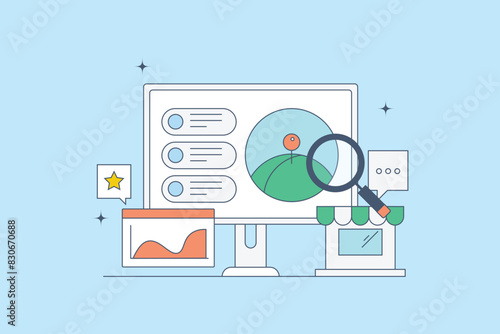 Business listing on search engine result page, Local shop address on search engine. SEO report for local business. Vector illustration line artwork.