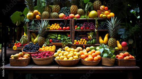 There are many kinds of fruits on a wooden table. There are pineapples, strawberries, apples, oranges, bananas, and grapes.

