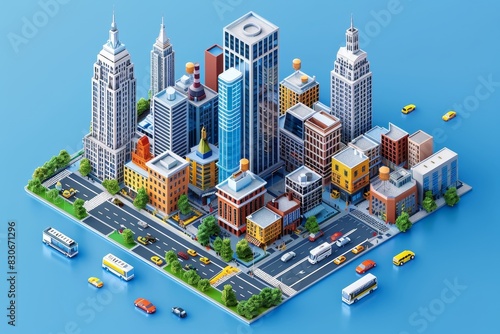 Cute isometric 3D New York render showcases famous places, city vibe, centered on blue backdrop