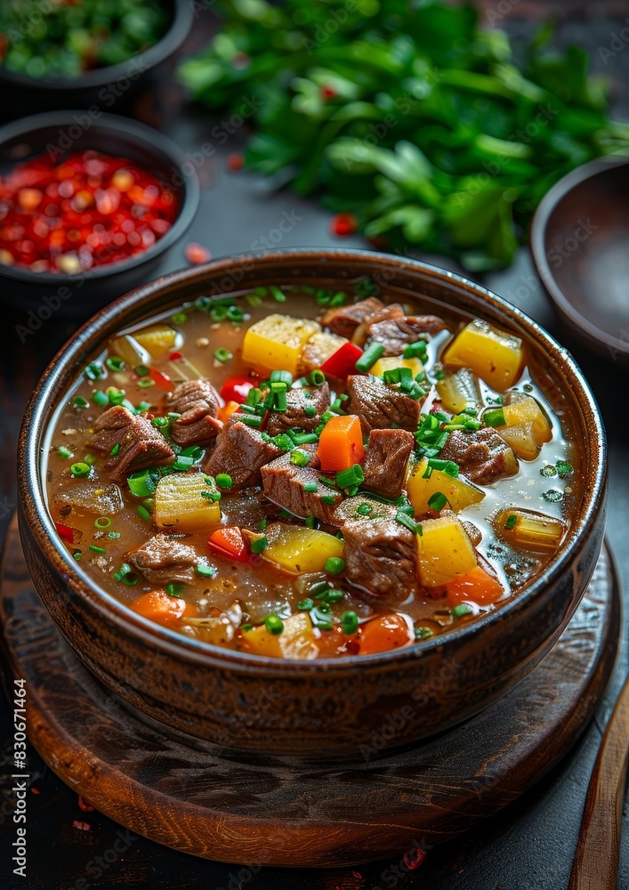 Gulaschsuppe - Goulash soup with chunks of beef and vegetables. Gulaschsuppe - Goulash soup with chunks of beef and vegetables.