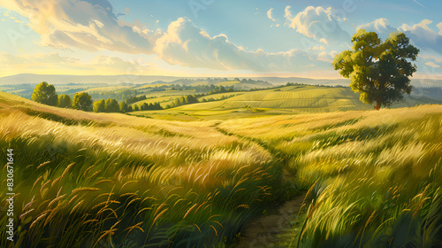 The blue sky is the backdrop to a field of ripe wheat in a beautiful,a golden wheat field with hills, depicted in a speedpainting style, showcases realistic landscapes with soft, tonal colorsa golden  photo