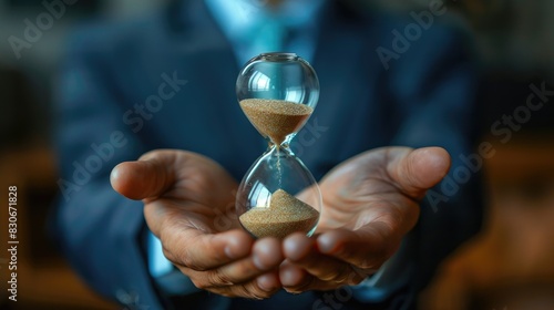 Businessman person holding an hourglass filled with sand, representing the urgency, isolated background with ample copy space.