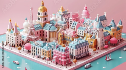 Isometric Paris 3D rendering showcases city landmarks and ambiance, set against a pink backdrop photo