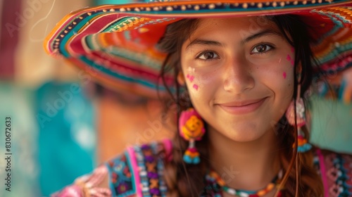 Happy Latina woman in colorful hat, smiling portrait. Close-up portrait with vibrant hat and warm smile.