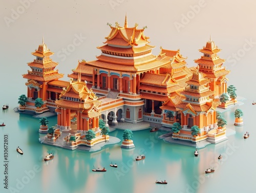 Cute isometric 3D render of Phnom Penh, capturing the famous places and atmosphere of this city, centered on an ivory solid color background