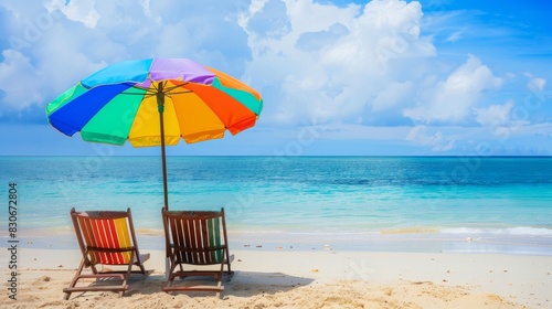 Tropical paradise, Empty beach chairs under rainbow umbrella. Beach vacation with inviting seating. 