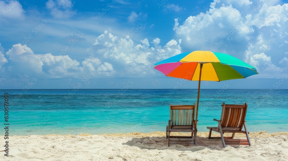 Tropical paradise, Empty beach chairs under rainbow umbrella. Beach vacation with inviting seating. Tropical paradise, Empty beach chairs under rainbow umbrella. Beach vacation with inviting seating.