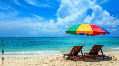 Tropical paradise  Empty beach chairs under rainbow umbrella. Beach vacation with inviting seating. 