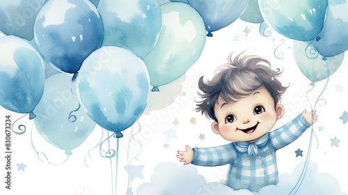 cute birthday baby boy with balloons watercolor illustration